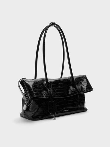Aveline Croc-Effect Front-Flap Shoulder Bag, Black Croco, hi-res