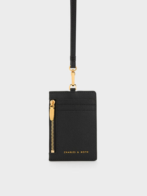 กระเป๋าใส่บัตรแบบมีช่องซิปด้านข้างพร้อมสายคล้อง, สีดำ, hi-res