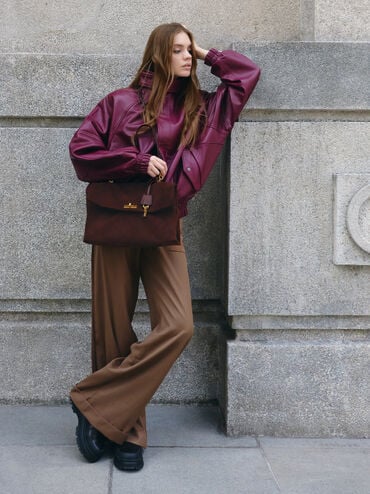 กระเป๋าทรงแซทเชลวัสดุหนังกลับรีไซเคิลพร้อมหูจับด้านบนรุ่น Kerry, สีเอสเพรสโซบราวน์, hi-res