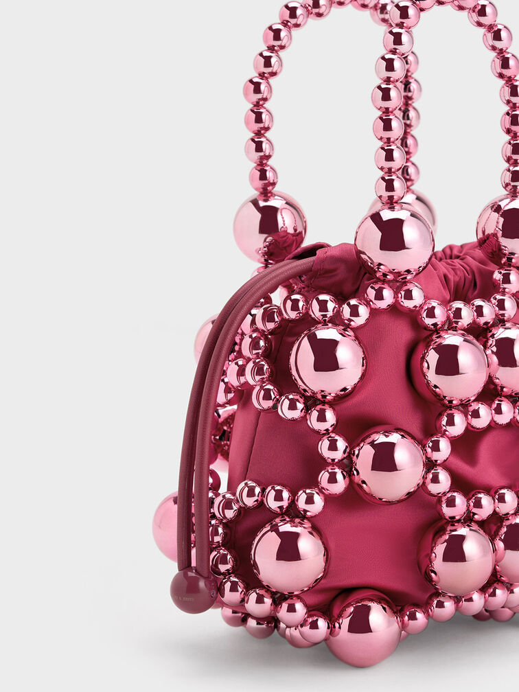 Beaded Top Handle Bag, สีฟูเชีย, hi-res