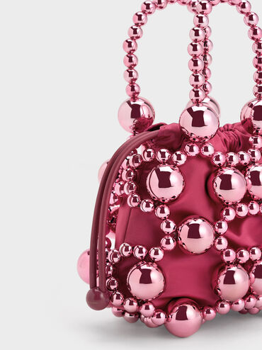Beaded Top Handle Bag, สีฟูเชีย, hi-res