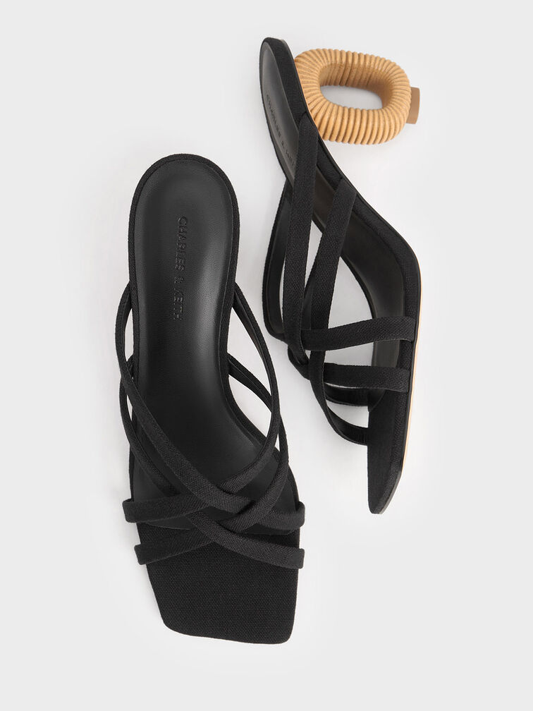 Linen Sculptural-Heel Strappy Mules, Black Textured, hi-res