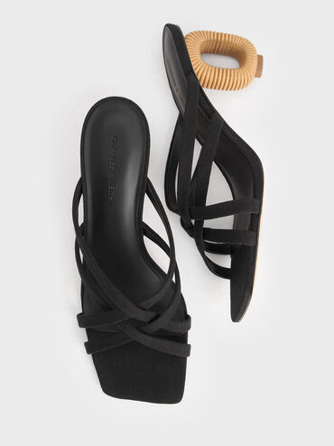 Linen Sculptural-Heel Strappy Mules, Black Textured, hi-res
