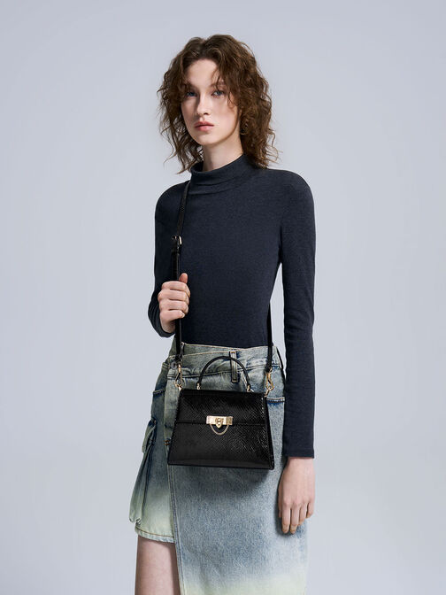 Tallulah Snake-Print Trapeze Top Handle Bag, , hi-res