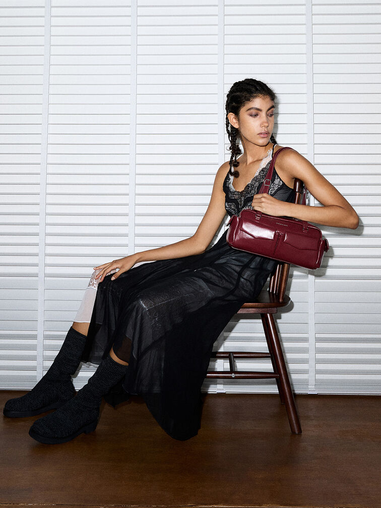 Rachel Elongated Multi-Pocket Shoulder Bag, Burgundy, hi-res