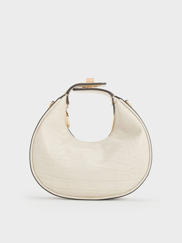 Mini Croc-Effect Moon Bag, สีไอวอรี่, hi-res