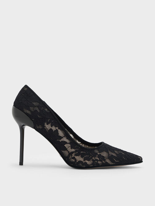 Lace & Mesh Pointed-Toe Pumps, , hi-res