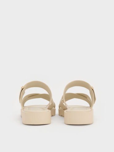 Metallic-Accent Crossover-Strap Slide Sandals, Chalk, hi-res