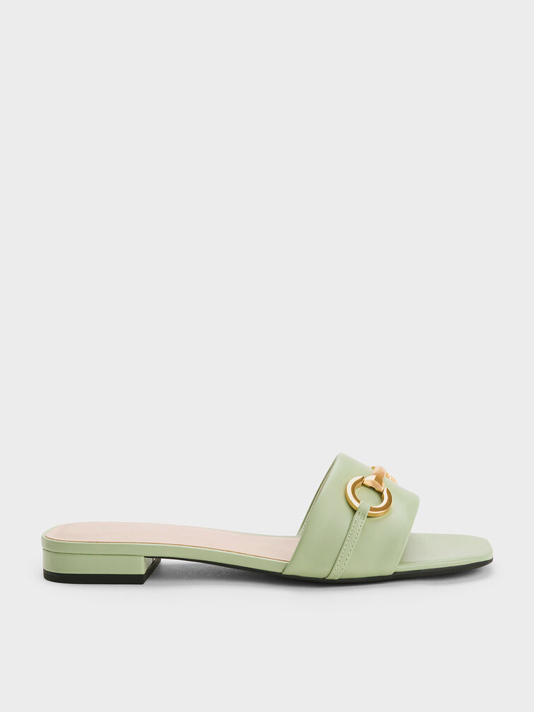 Metallic Bar Slide Sandals, สีเซจกรีน, hi-res