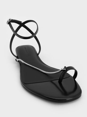 Chain-Strap Toe-Ring Sandals, Black Boxed, hi-res