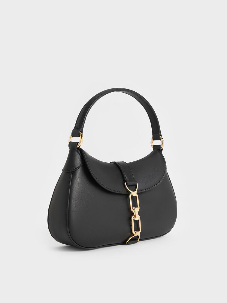 กระเป๋าโฮโบตกแต่งโซ่รุ่น Agatha, สีดำ, hi-res