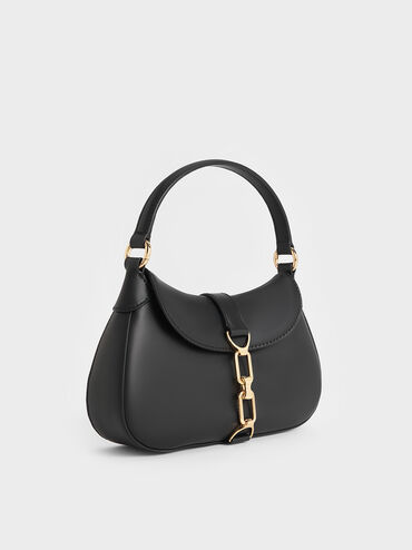 กระเป๋าโฮโบตกแต่งโซ่รุ่น Agatha, สีดำ, hi-res