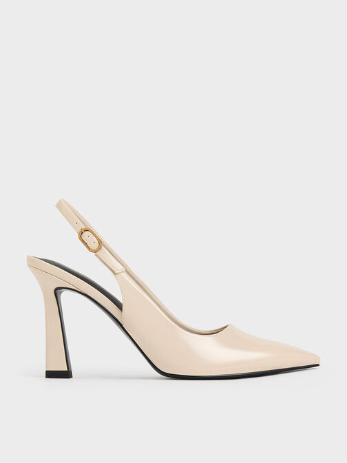 Patent Trapeze Heel Slingback Pumps, Cream, hi-res