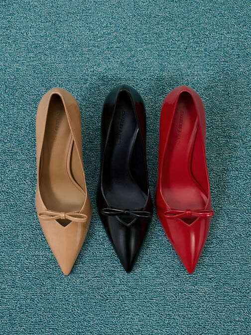 Patent Bow Pointed-Toe Stiletto-Heel Pumps, Caramel, hi-res