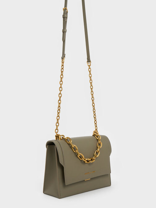 Front Flap Chain Handle Crossbody Bag, Khaki, hi-res