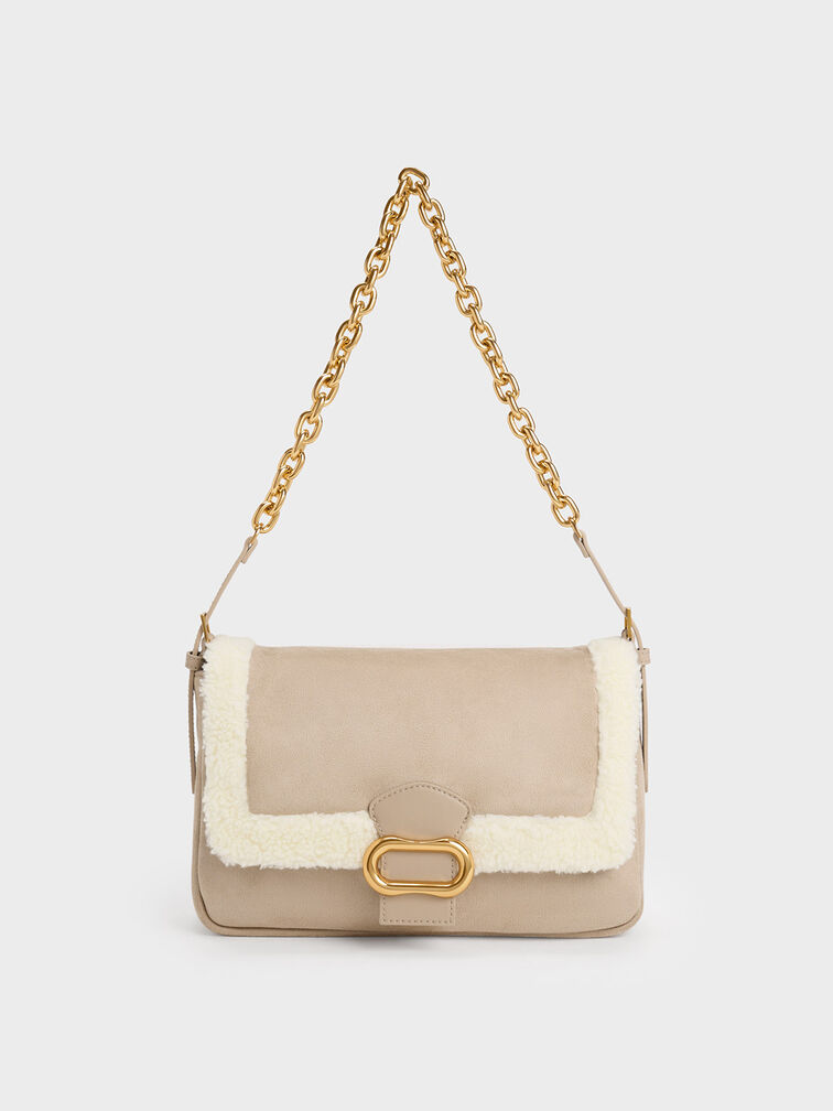 Daki Fur-Trim Belted Trapeze Bag, , hi-res