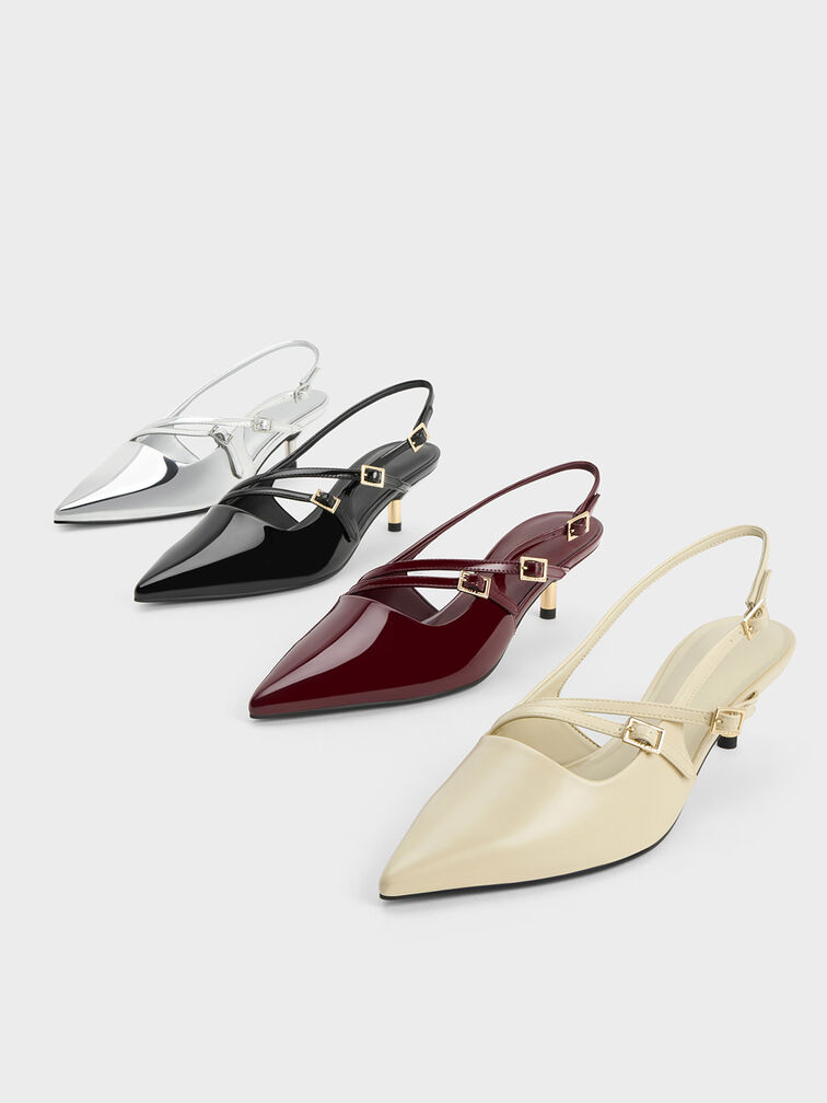 Patent Buckle-Strap Kitten Heel Slingback Pumps, หนังแก้วสีดำ, hi-res