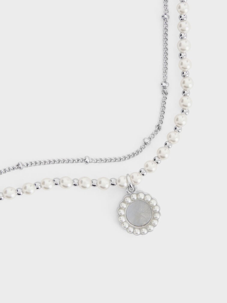 Pearl & Gemstone Double-Chain Necklace, Light Blue, hi-res