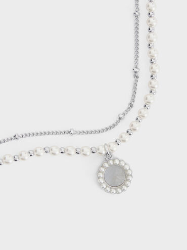 Pearl & Gemstone Double-Chain Necklace, Light Blue, hi-res