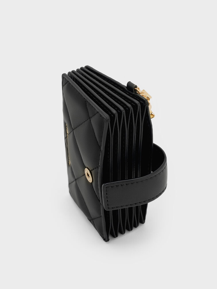 กระเป๋าใส่บัตรลายควิลท์พร้อมสายรัดประดับชาร์มรูปหัวใจโบว์รุ่น Arrietty, สีดำ, hi-res