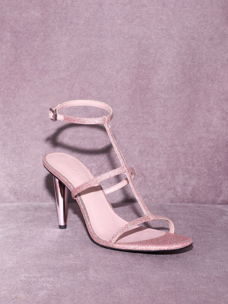 Glittered T-Bar Ankle-Strap Sandals, Pink, hi-res