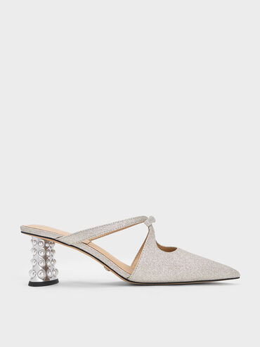 Beaded Heel Glittered Bow Mules, สีเงิน, hi-res