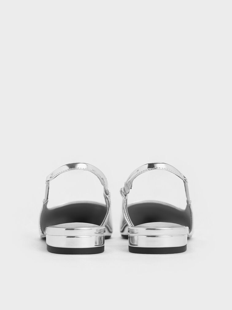 Metallic Chain-Strap Pointed-Toe Slingback Flats, Silver, hi-res