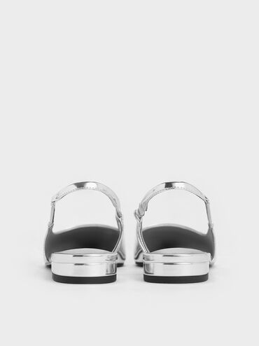 Metallic Chain-Strap Pointed-Toe Slingback Flats, Silver, hi-res