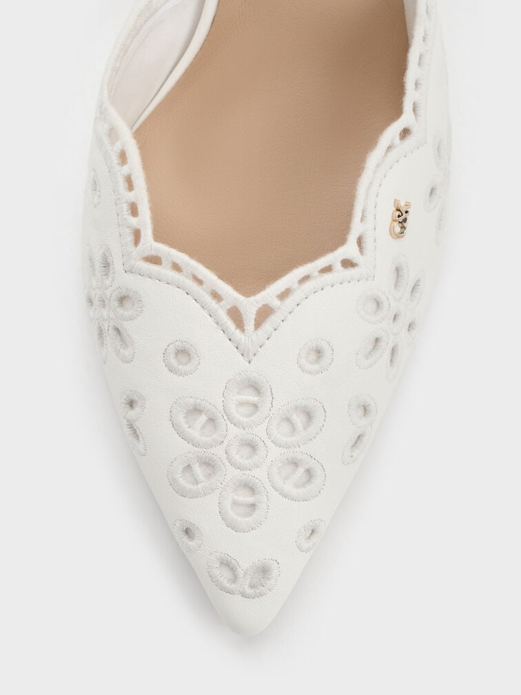 Leather Embroidered Pointed Slingback Pumps, White, hi-res