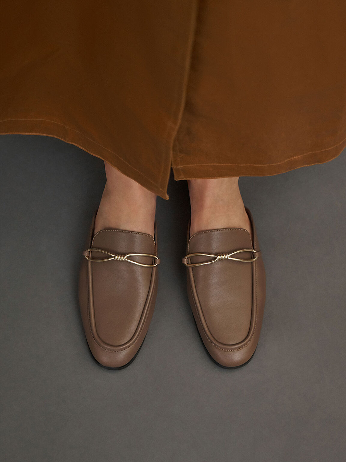 Metallic Accent Loafer Mules, Brown, hi-res