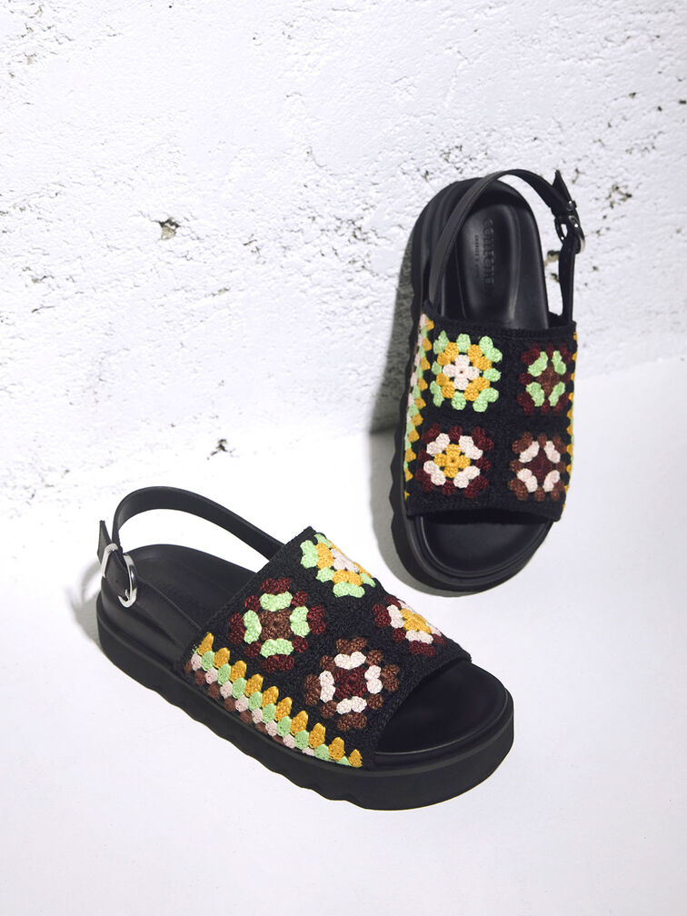Crochet & Leather Floral Slingback Sandals, สีมัลติ, hi-res