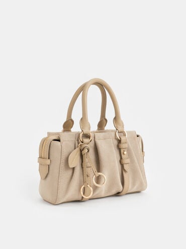 กระเป๋าโท้ทวัสดุหนังกลับรีไซเคิลจับจีบย่นรุ่น Britton, สีนัทเมกเบจ, hi-res