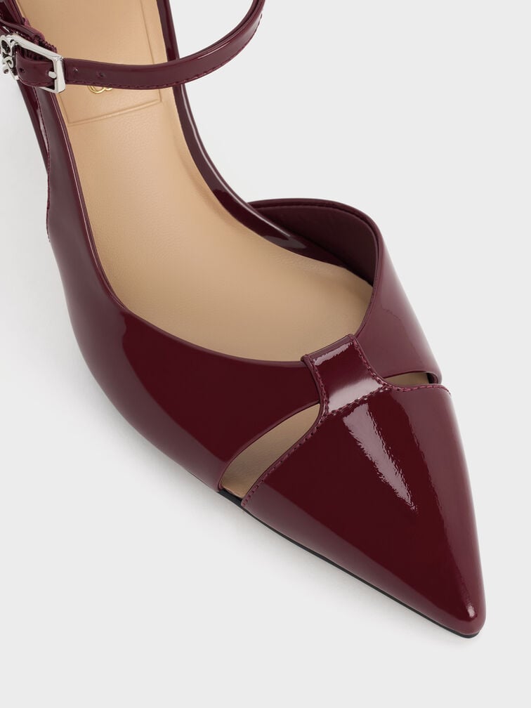 Patent Leather Cut-Out Pointed-Toe Blade-Heel Pumps, Burgundy, hi-res