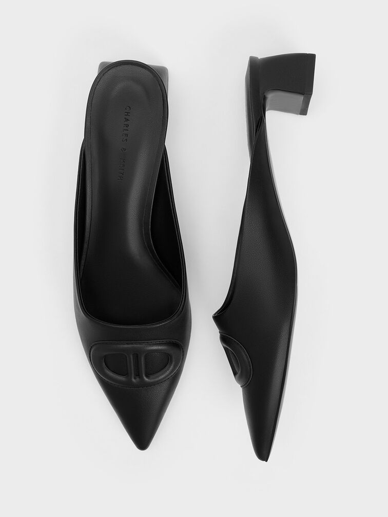 Oval Stitch-Trim Pointed-Toe Mules, Black, hi-res
