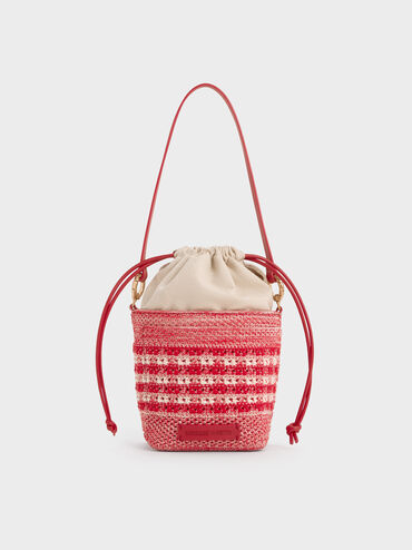 Girls' Ida Knitted Gingham Bucket Bag, Gingham Red, hi-res