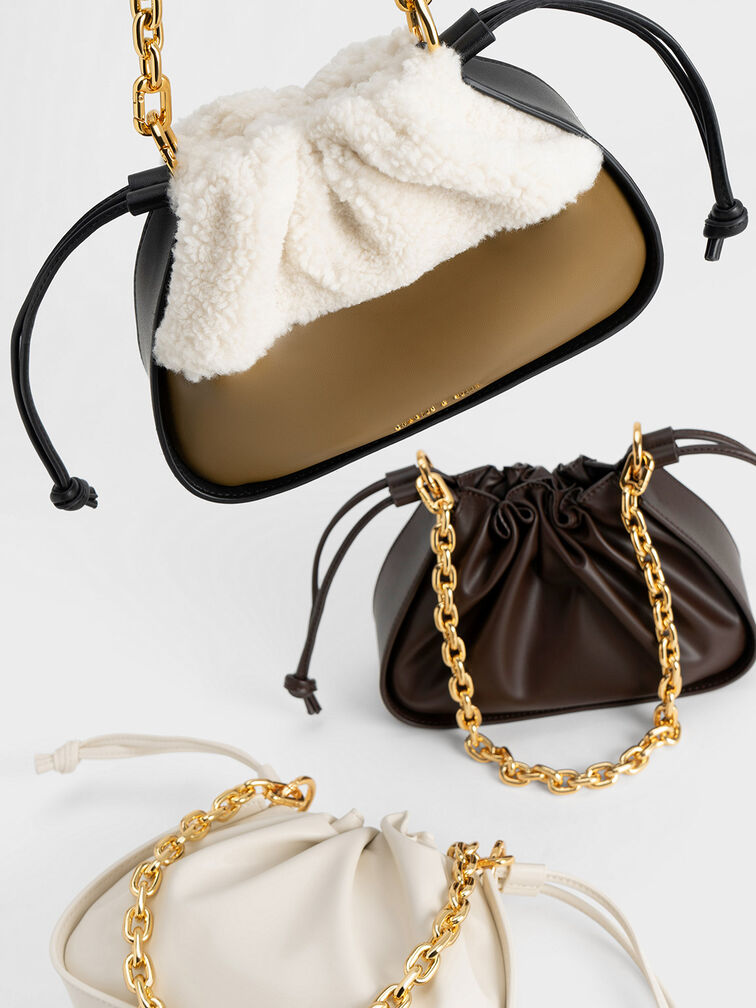 Furry Ruched Chain Handle Drawstring Bag, , hi-res