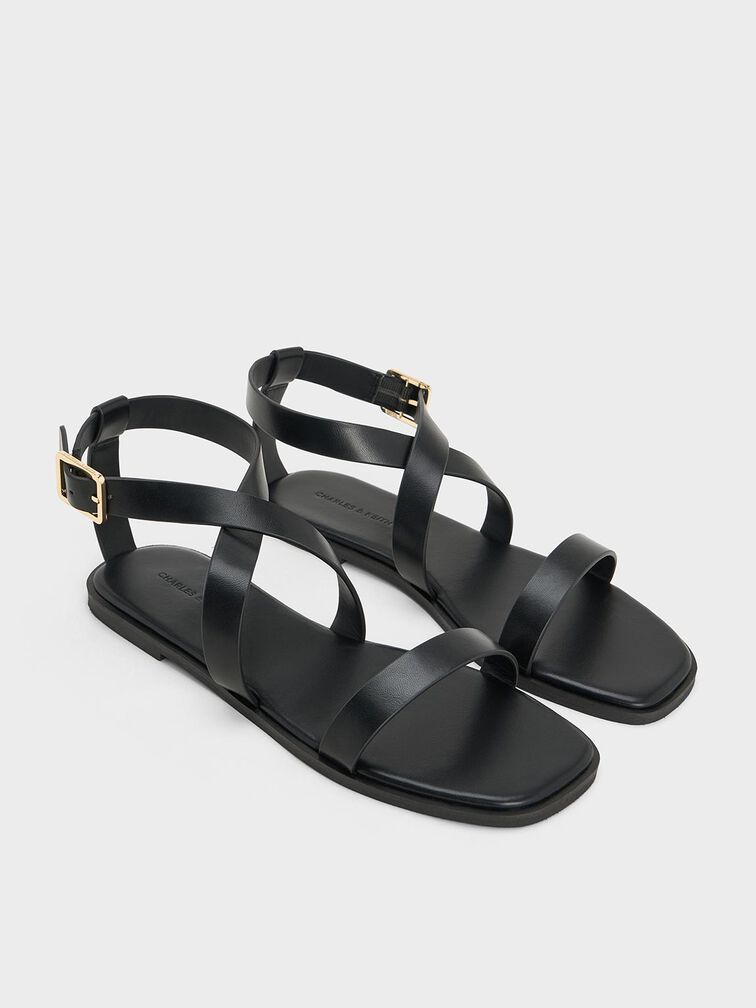 Crossover-Strap Square-Toe Sandals, Black, hi-res