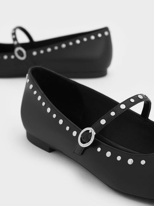 Studded Pointed-Toe Mary Jane Flats, สีดำ, hi-res