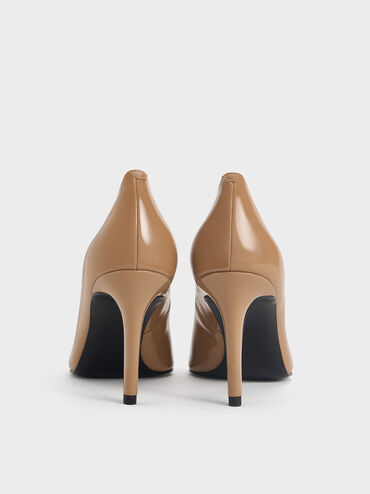 Patent Bow Pointed-Toe Stiletto-Heel Pumps, Caramel, hi-res
