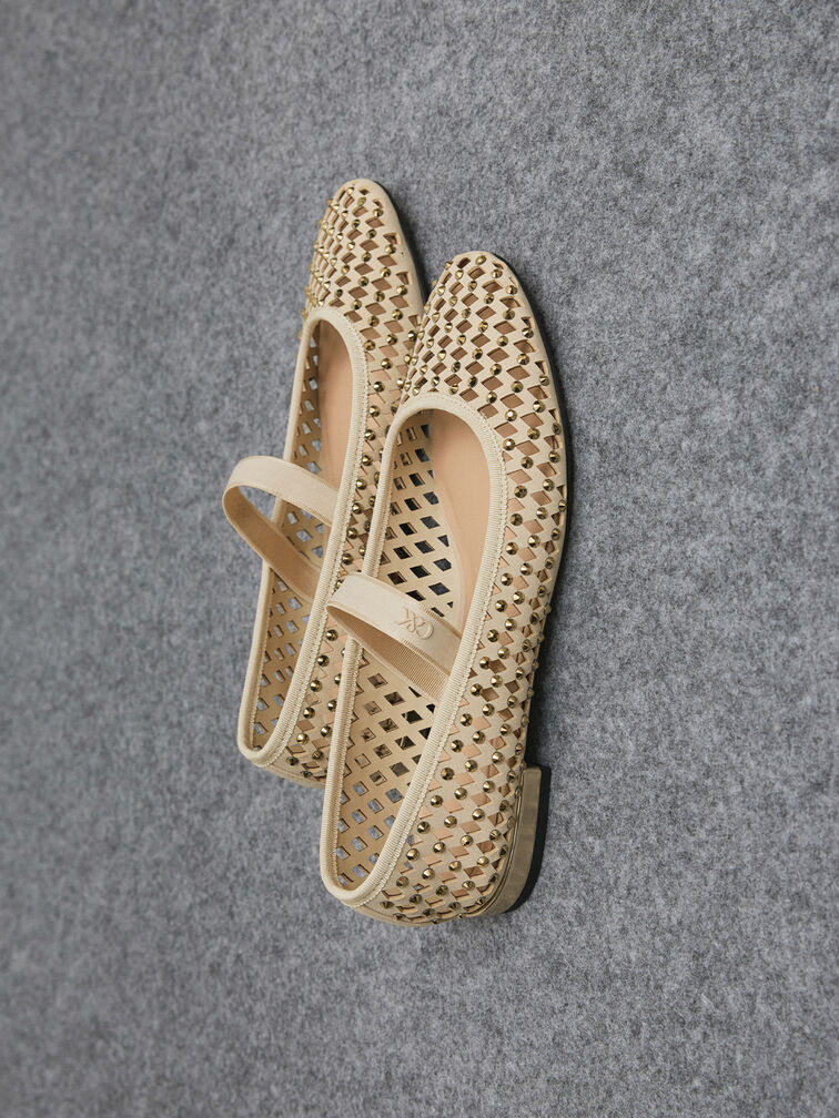 Studded Cut-Out Mary Jane Flats, Cream, hi-res
