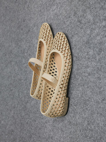 Studded Cut-Out Mary Jane Flats, Cream, hi-res