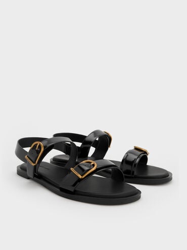 Double Buckle-Strap Slingback Sandals, Black Boxed, hi-res