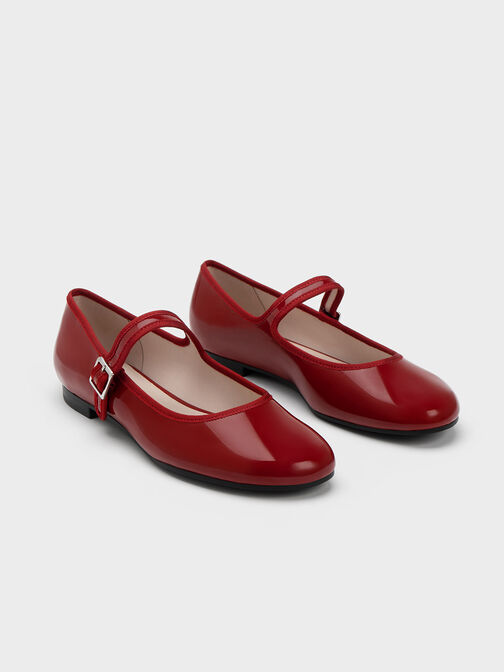 รองเท้าส้นเตี้ยหนังแก้วทรงแมรี่เจนสายคาดเท้าตกแต่งด้วยหัวเข็มขัด, สีแดง, hi-res