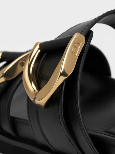 รองเท้าแตะแบบสวมดีไซน์หนังแท้ตกแต่งหัวเข็มขัดรุ่น Gabine, สีดำ, hi-res