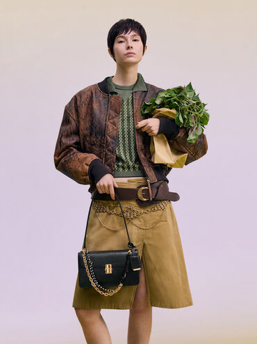 กระเป๋าสะพายไหล่ดีเทลสายโซ่และเกลียวเชือกรุ่น Acelynn, สีดำ, hi-res