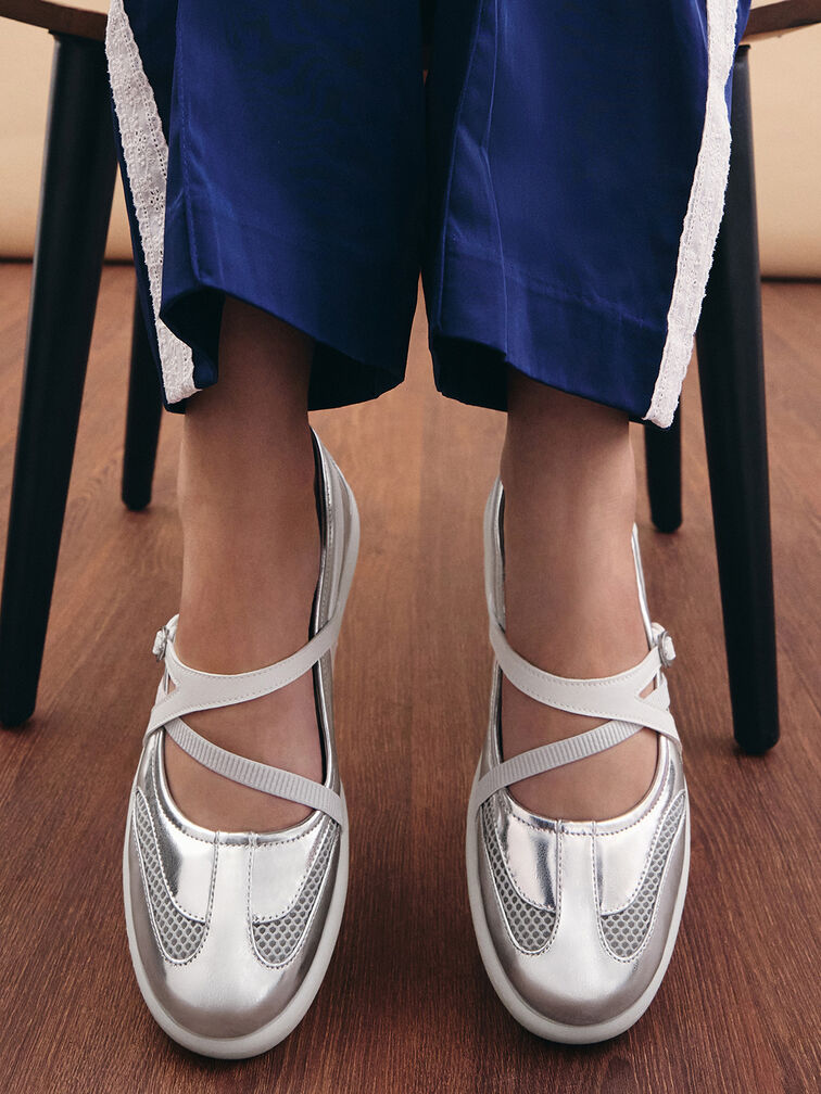 Metallic Mesh Two-Tone Ballet Sneakers, Silver, hi-res