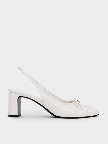 Bow Cap-Toe Slingback Pumps, White, hi-res