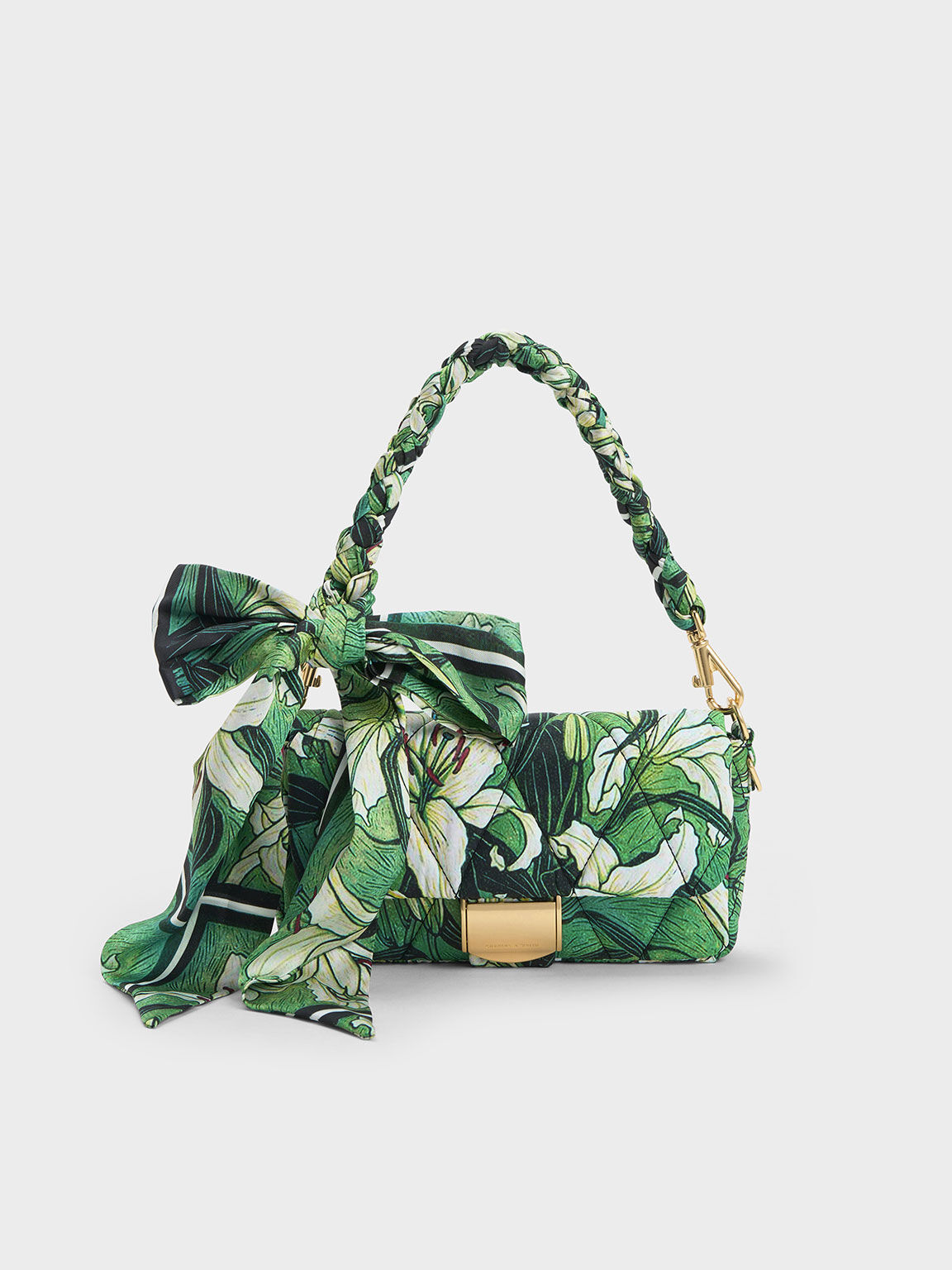 Green Botanical Print Fabric Wrapped Handle Bag CHARLES KEITH TH