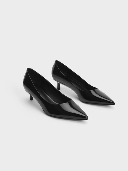 รองเท้าส้นเตี้ยหนังแก้วแบบปิดส้นดีไซน์หัวรองเท้าแบบแหลม, หนังแก้วสีดำ, hi-res