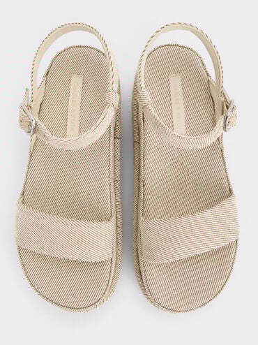 Twill Flatform Ankle-Strap Sandals, Beige, hi-res
